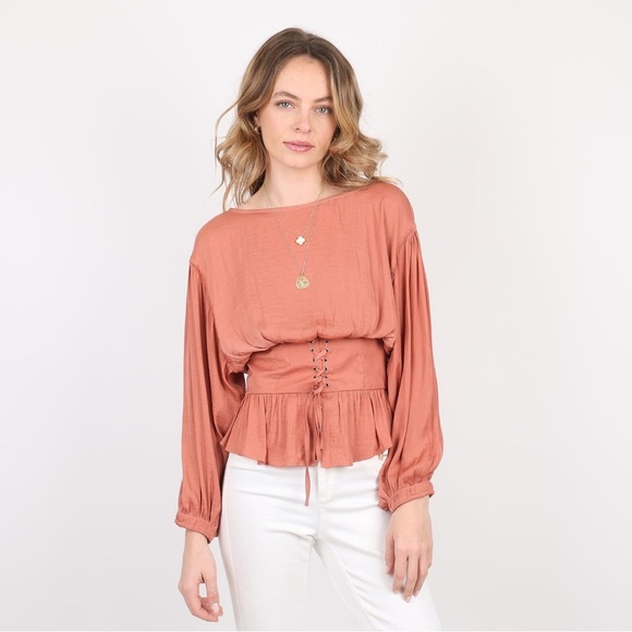 Free People Tops - Free People Corset Blouse Top Smocked Balloon Sleeve Bohemian Texas Orange Small